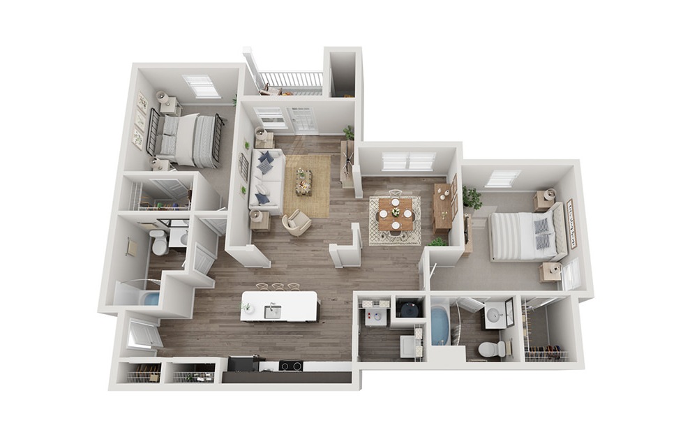 The Berkeley - 2 bedroom floorplan layout with 2 baths and 1162 to 1180 square feet. (D / 3D)