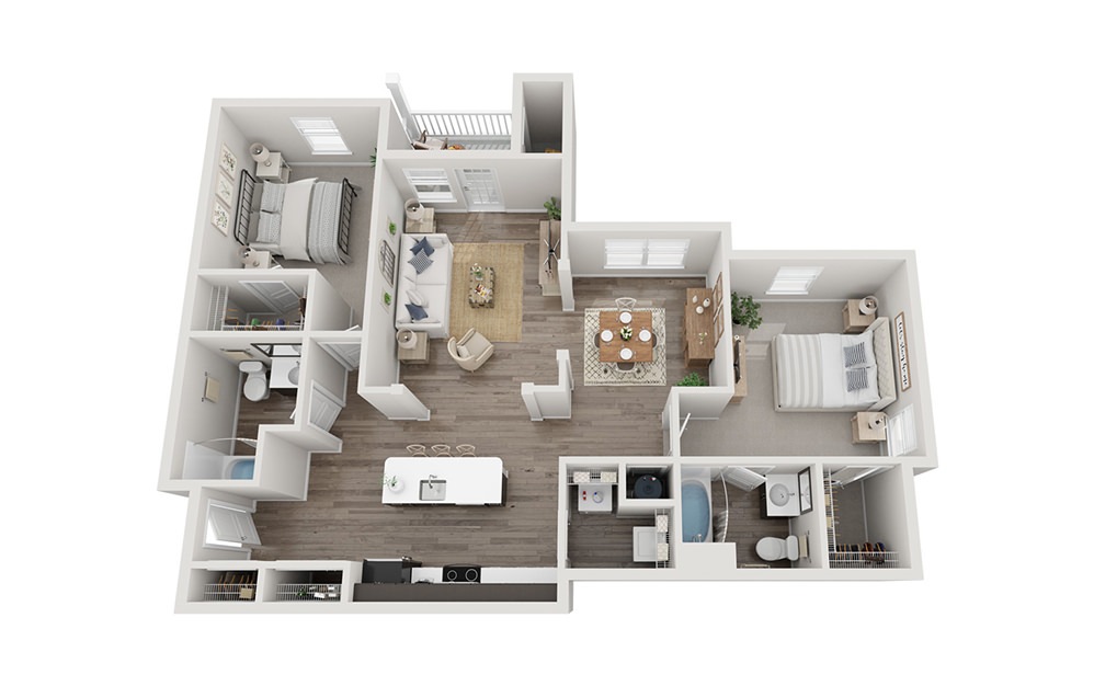 The Berkeley - 2 bedroom floorplan layout with 2 bathrooms and 1162 - 1180 square feet (D
, 3D)