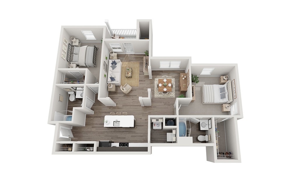 The Berkeley - 2 bedroom floorplan layout with 2 bathrooms and 1162 - 1180 square feet (E, 3D)