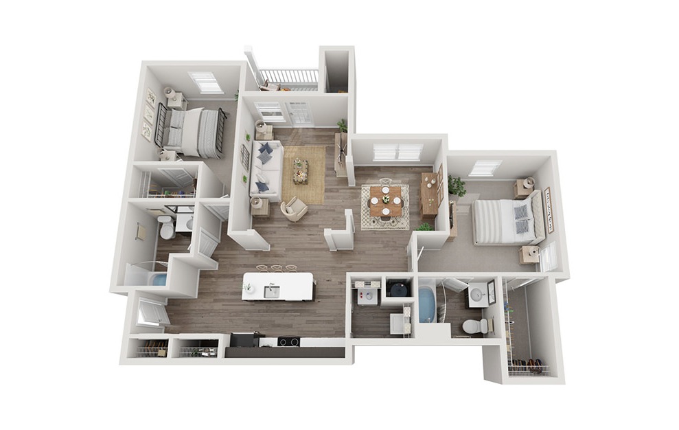 The Berkeley - 2 bedroom floorplan layout with 2 baths and 1162 to 1180 square feet. (E / 3D)