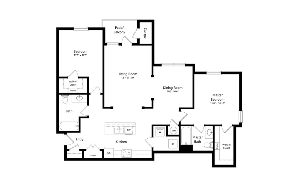 The Berkeley - 2 bedroom floorplan layout with 2 baths and 1162 to 1180 square feet. (E / 2D)