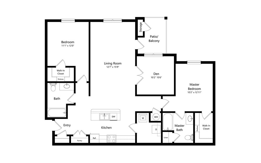 The Empress - 3 bedroom floorplan layout with 2 baths and 1231 square feet. (2D)
