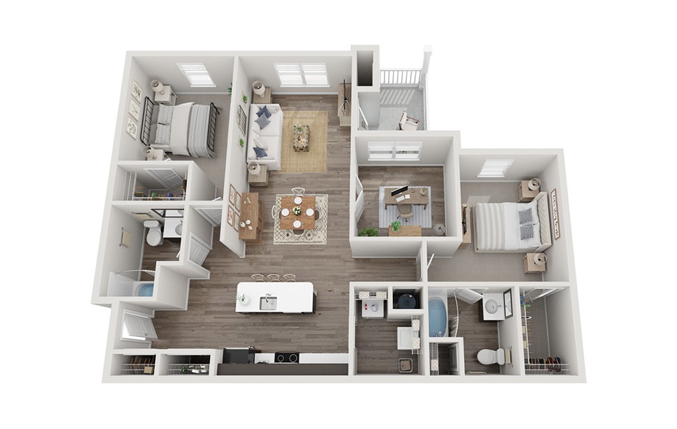 The Empress - 3 bedroom floorplan layout with 2 baths and 1231 square feet. (3D)