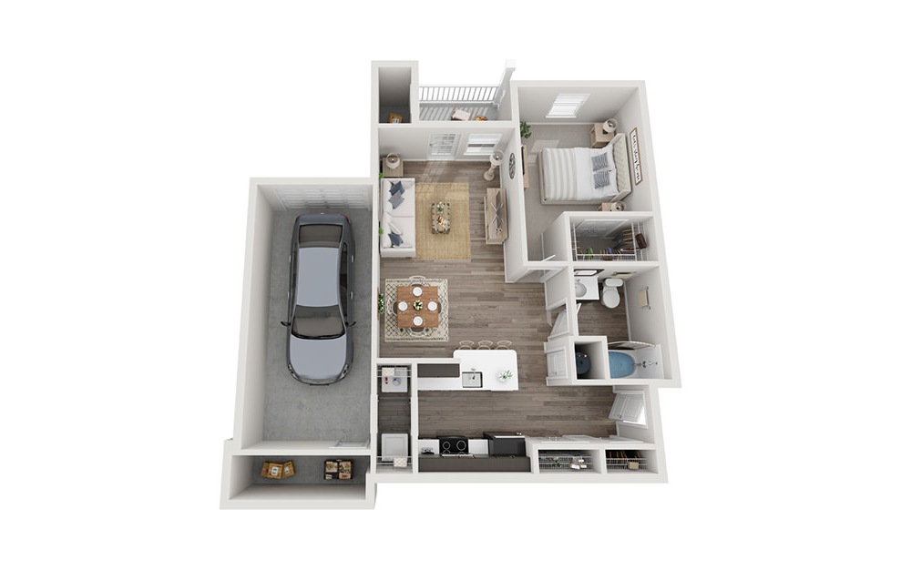 The Hybrid - 1 bedroom floorplan layout with 1 bath and 710 square feet. (3D)