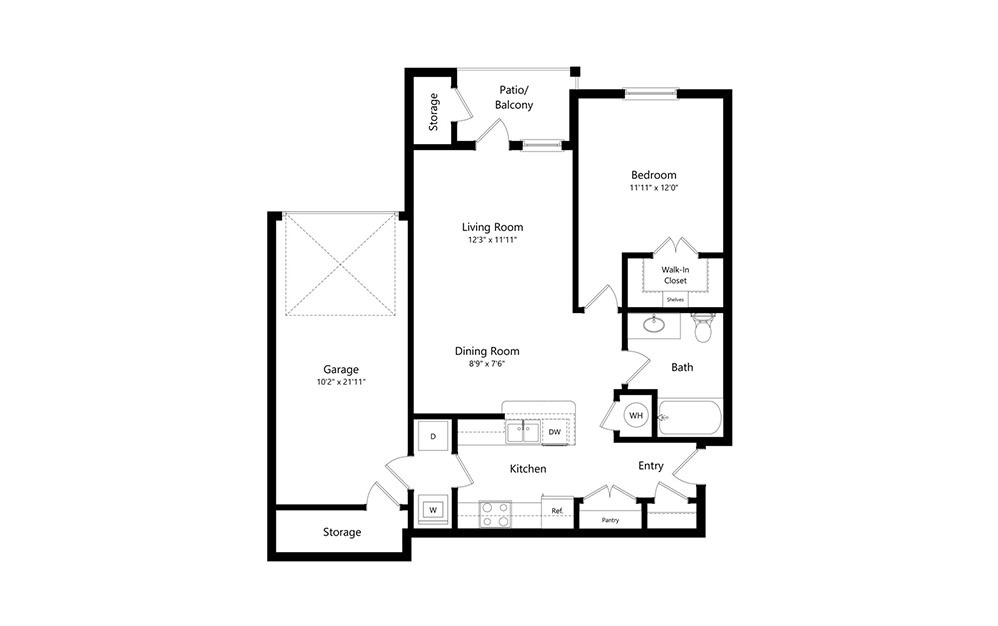 The Hybrid - 1 bedroom floorplan layout with 1 bath and 710 square feet. (2D)