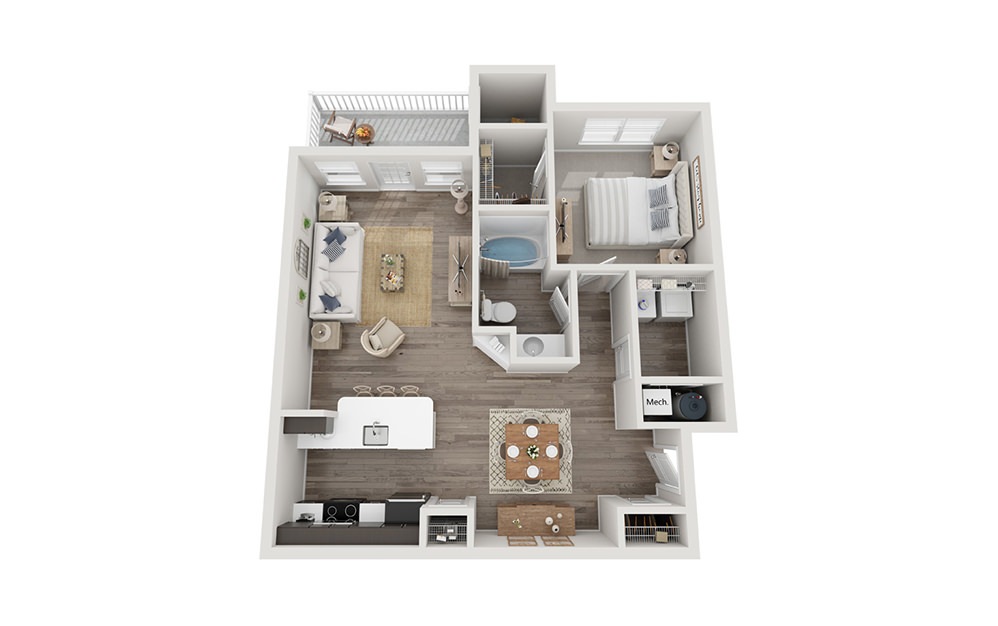 The Indigo - 1 bedroom floorplan layout with 1 bathroom and 750 square feet (3D)