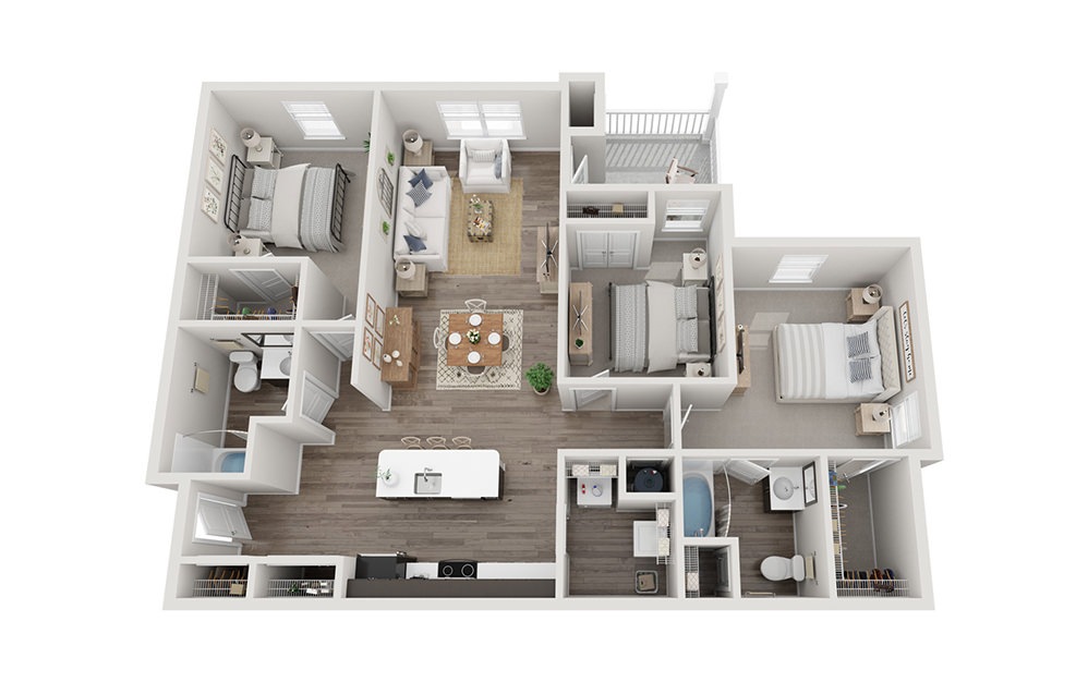 The Majestic - 3 bedroom floorplan layout with 2 bathrooms and 1233 square feet (3D)