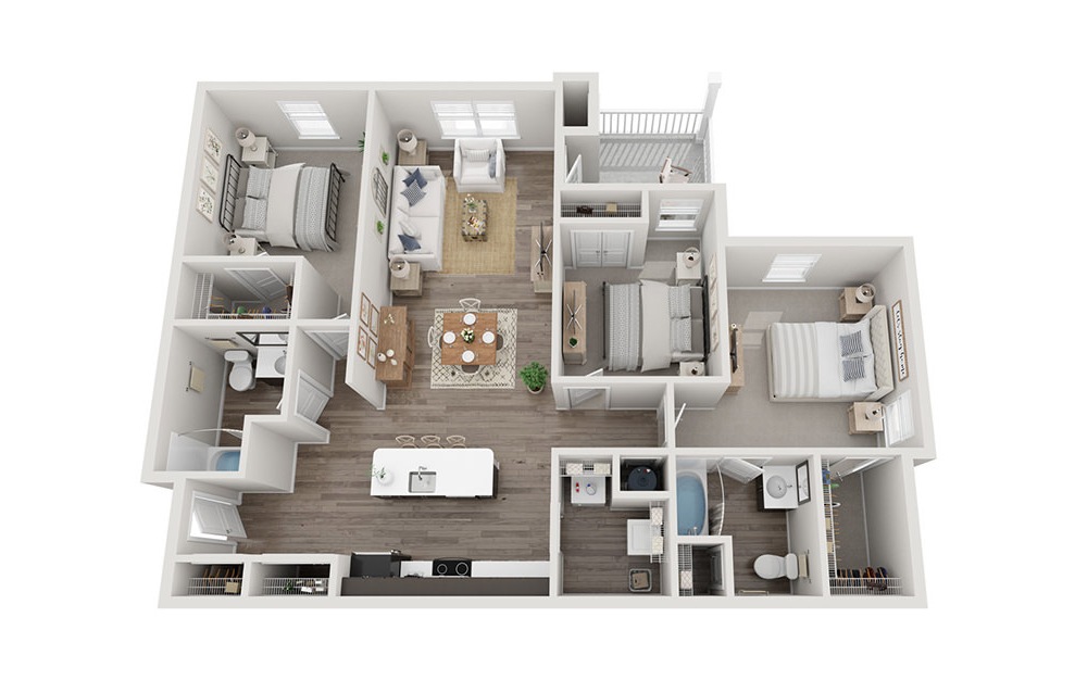 The Majestic - 3 bedroom floorplan layout with 2 baths and 1233 square feet. (3D)