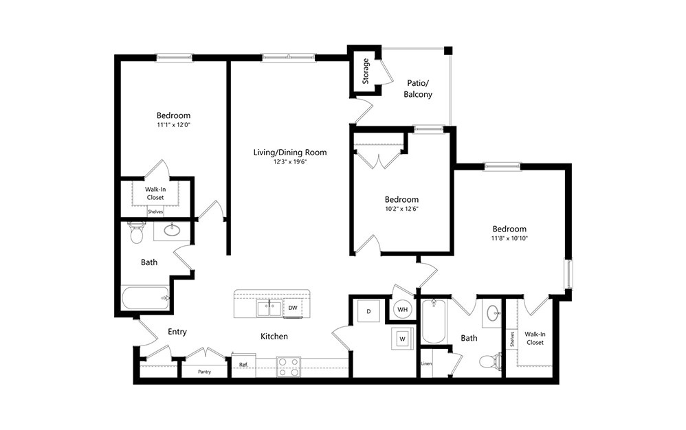 The Majestic - 3 bedroom floorplan layout with 2 baths and 1233 square feet. (2D)