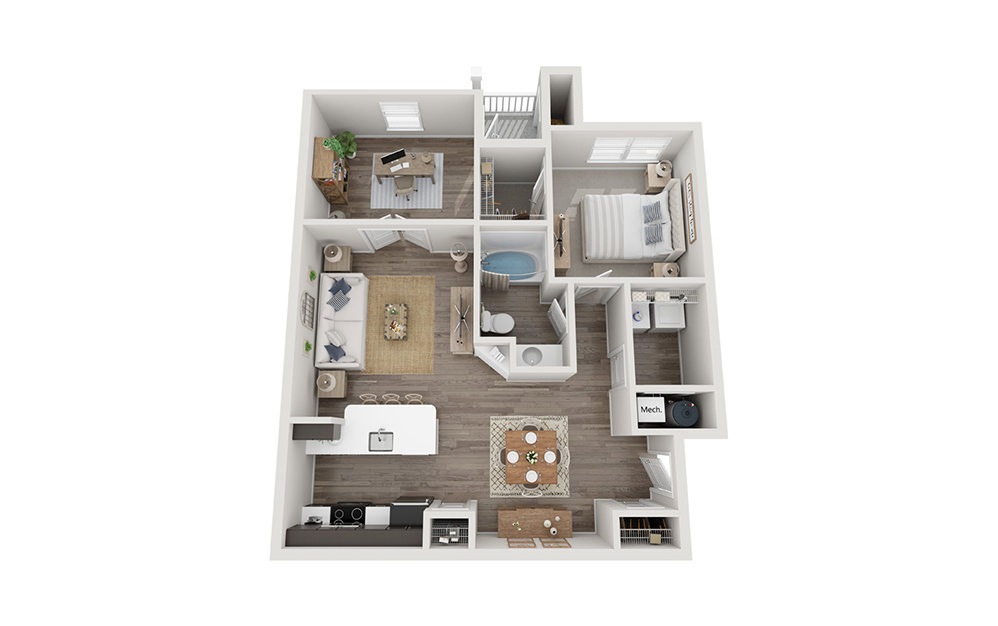 The Mimosa - 1 bedroom floorplan layout with 1 bathroom and 828 square feet (3D)