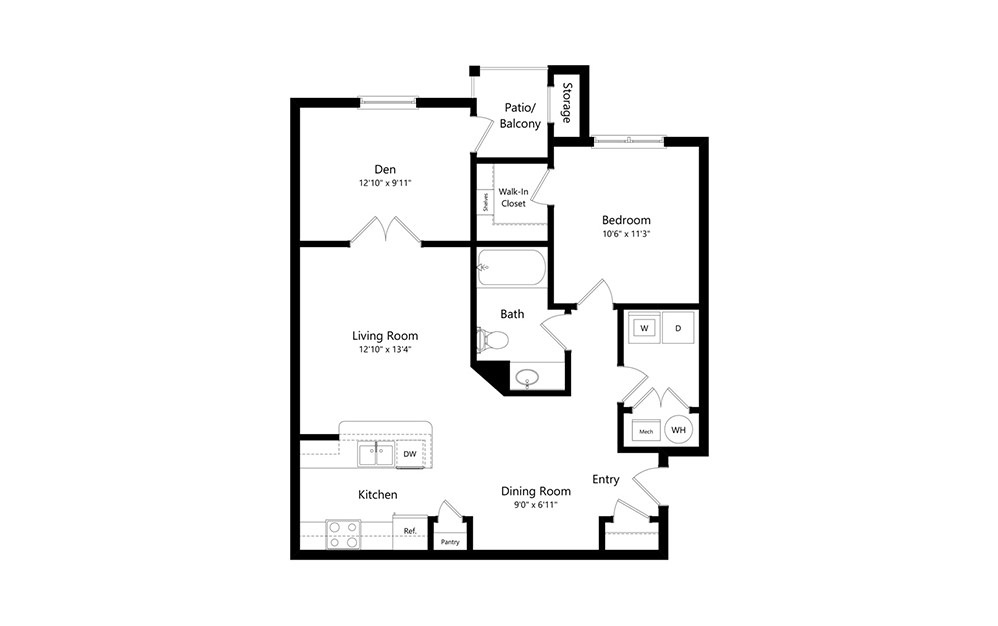 The Mimosa - 1 bedroom floorplan layout with 1 bath and 828 square feet. (2D)